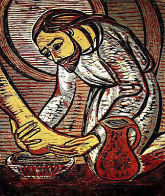 A contemporary painting of Jesus washing feet; from 'Words of Life-shadowlilies.wordpress'